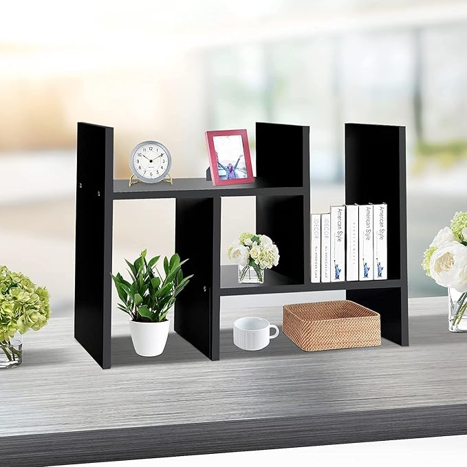 J.M.Deco Desktop Organizers and Storage for Office, Adjustable Desktop Organizer Shelf Double H Display, True Natural Stand Shelf, Black
