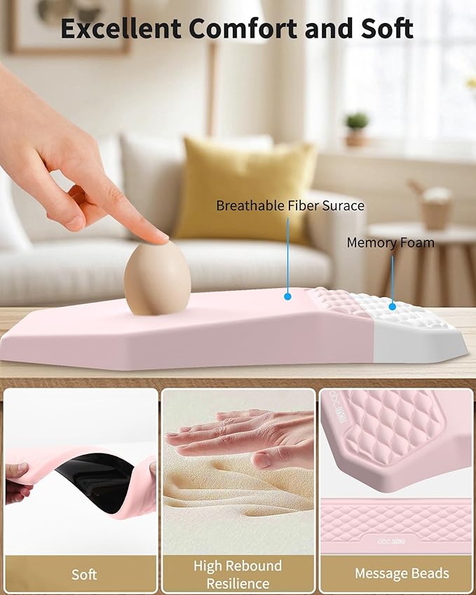 Ergonomic Mouse Pad and Keyboard Wrist Rest Support Set, Massage Design Mousepad for Carpal Tunnel Pain Relief, Memory Foam, Non-Slip PU Base for Computer Desk, Pink