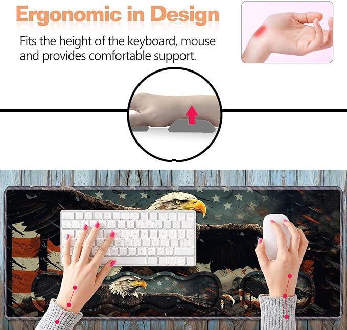 Ergonomic Keyboard Wrist Rest & Mouse Pad Wrist Rest Set,Large XXL Gaming Desk Mat 31.5"x 11.8",Non-Slip Base, Memory Foam,Easy Typing Pain Relief for Office & Home,Patriotic American Flag Bald Eagle