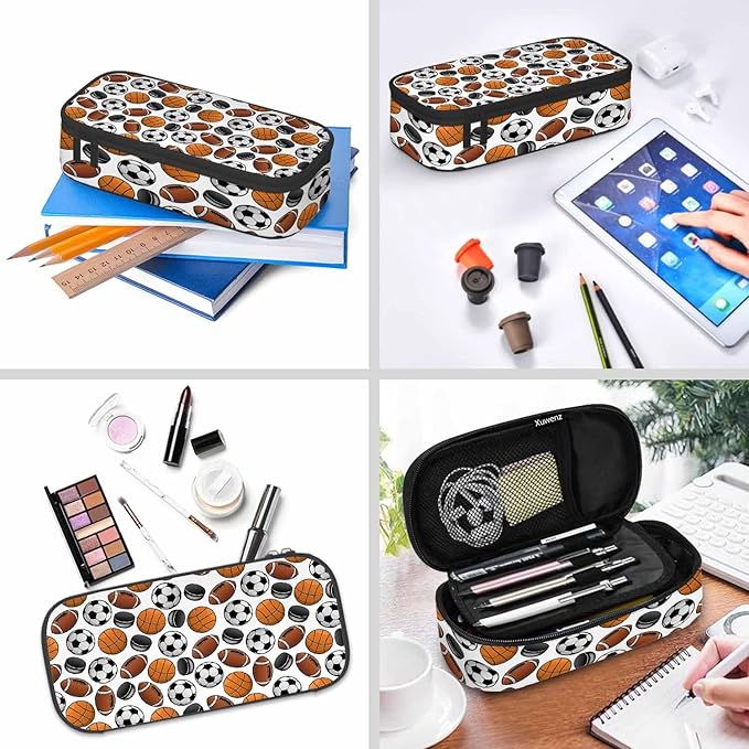 American Football Pencil Holder Bag Basketball Balls Ice Hockey Pucks Pencil Case College Office School for Teens Boy Girl