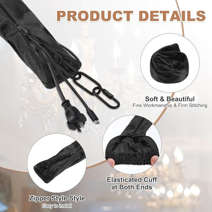 PATIKIL 2.6ft Chandelier Chain Cord Cover, 2 Pcs Velvet Cloth Fabric Chain Sleeve Decorative Cord Covers for Chandelier Wires Swing Cable, Zipper Style, Black