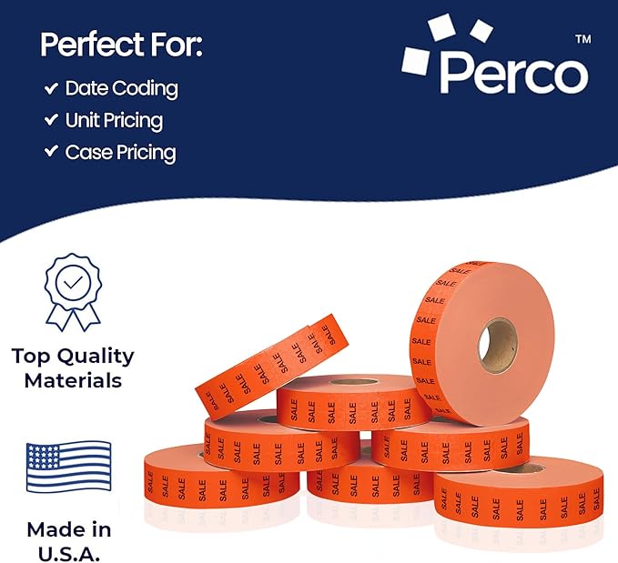 Perco Sale Fluorescent Red Pricing Labels for Monarch 1131 Price Gun – 3 Sleeves, 24 Rolls Value Pack - 60,000 Price Marking Labels – with Ink Rolls Included