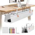 Under Desk Cable Management Tray, No Drill Desk Cord Organizer with Clamp, 36" Fabric Cable Management for Standing Desk Office & Home, White