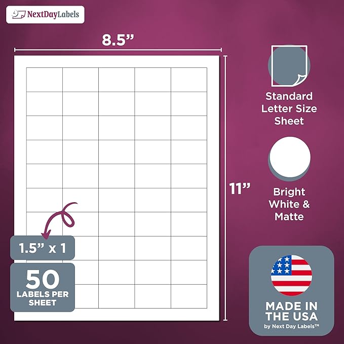 NextDayLabels 1.5x1 Inch Rectangle Stickers White Blank Labels for Laser Inkjet Printer - 50 Per Sheet Self-Adhesive Name Tags Address Barcode, Made in USA - 12,500 Labels