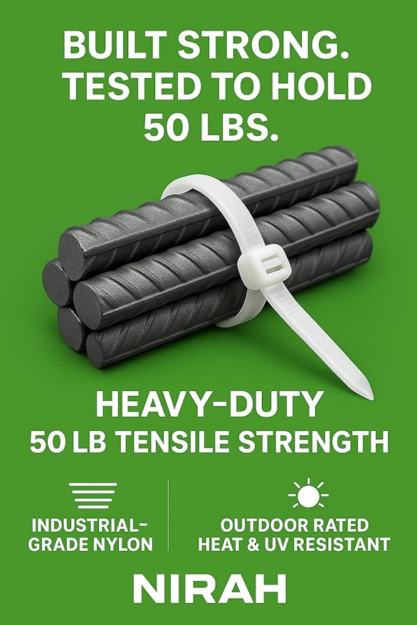 12 inch Zip Ties Clear White, 50 Lbs Tensile Strength, UV resistant, Self-locking, Multi-purpose Nylon Cable Ties, Wire Ties, Tie Wraps for Professionals, Office, Home, Cable Management by Nirah