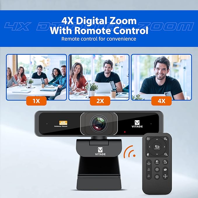 VITADE 4K Zoomable Webcam with Upgraded Remote Control, 8MP Sony Sensor Webcam with Microphone and 4X Digital Zoom, Pro USB Webcam for Streaming/Conference/Online Teaching/Video Calling/Zoom/Skype