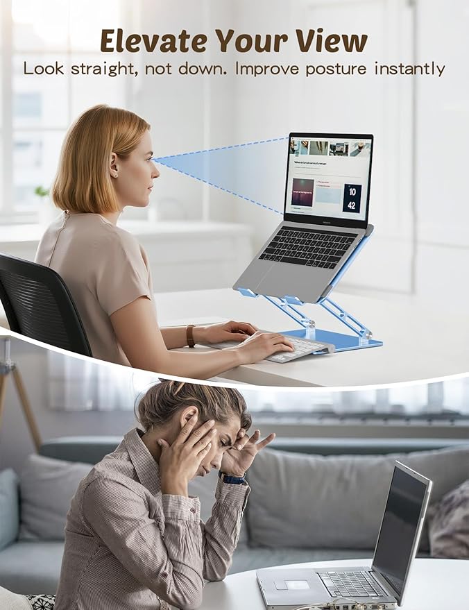 Laptop Stand for Desk – Portable Adjustable Laptop Riser & Holder, Foldable Computer Stand Compatible with MacBook Air Pro, Dell, HP, Lenovo (10"-17.3"), Featuring Cat Panel Design, Sky Blue
