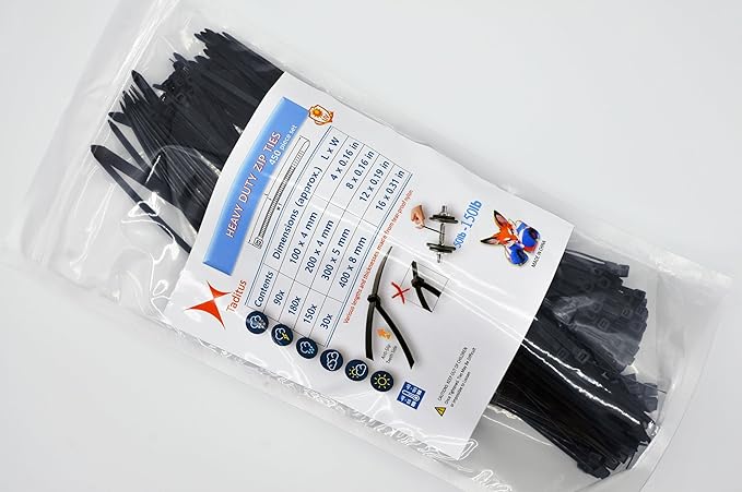 Zip Ties Heavy Duty Assorted Size, 4+8+12+16 Inch, 150 LBS Tensile Strength, 450 Pieces Pack, Self-Locking and Durable, for Indoor Outdoor Use, Black Nylon Cable Zip Ties