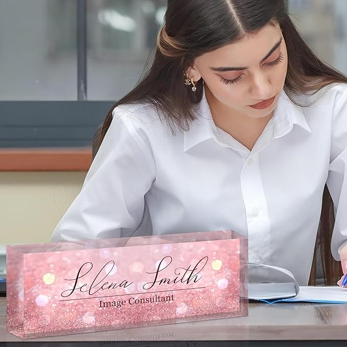 Personalized Name Plate for Desk, Custom Acrylic Desk Name Sign, Office Appreciation Gifts for Women Men Coworkers Boss Teacher Employee (Pink Sequin)