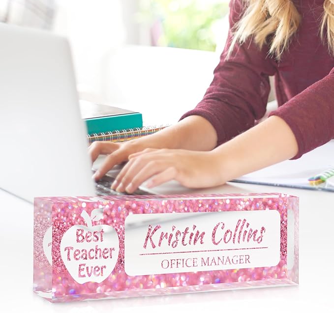 Custom Name Plate for Desk, Personalized Desk Name Plate on Clear Acrylic Glass, Appreciation Gifts for Teacher Employee Boss Coworkers Nurse, Office Desk Accessories for Women Men (Taffy)