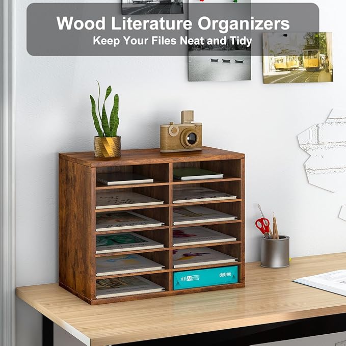 PAG Countertop Mail Sorter Organizer, Wooden Literature Organizer, Student Mailbox for Classroom, Desktop Bill Organizer for Office Home School, 12 Compartments, Antique Brown