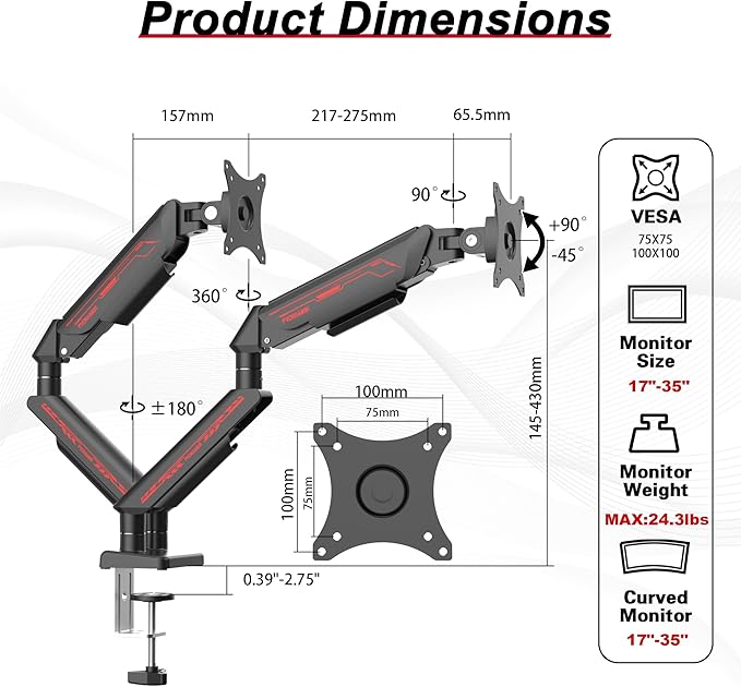 Dual Monitor Arm for 17-35" Screens up to 24.2 lbs, Ergonomic Gas Spring Monitor Stand with Height Adjust, Tilt, Swivel & Cable Management, VESA Desk Mount with 2 Types of Installation, Black