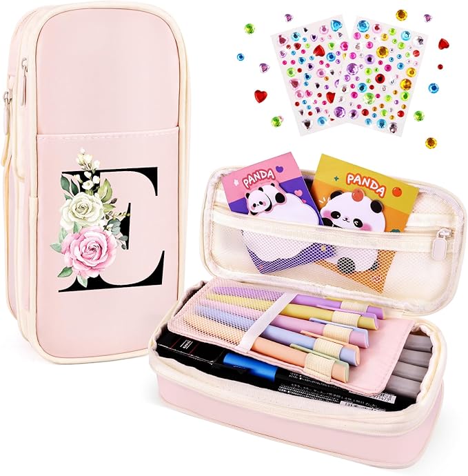 Preppy Pencil Case for Girls, Cute Large Pencil Pouch, Personalized Initial Pencil Bag with Zipper for School College Office Supplies, Back to School Supplies Gifts for Teen Girls (E, Pink)