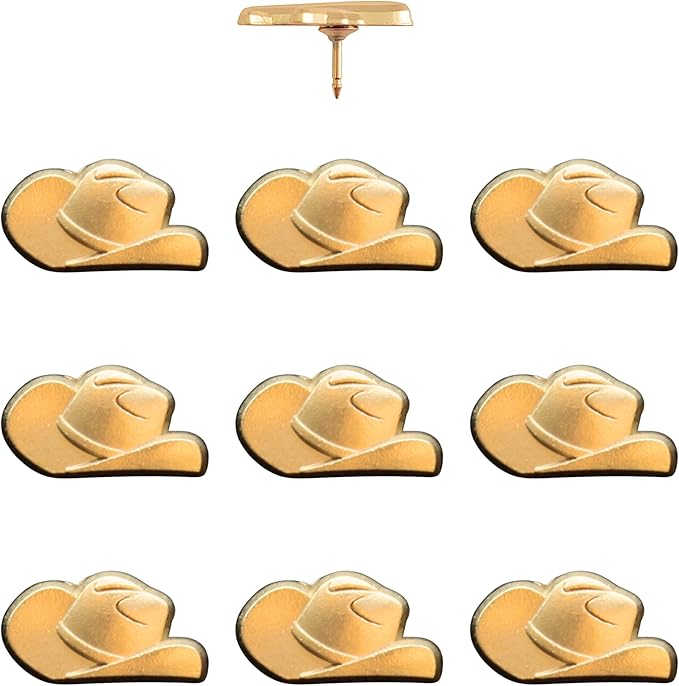 Cowboy Hat Push Pins - Gold Cowboy Hat Map Pins for Cork Boards, Maps, or Lapel Use - Designed in USA - Set of 10