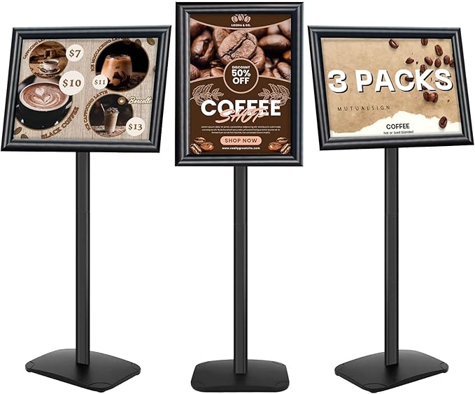 3Pcs Heavy Duty Pedestal Sign Holder for Display, 11 x 17 inches Adjustable Floor Standing Sign Holder with Weighted Base , Sign Stand for Indoor/Outdoor Advertising，Black