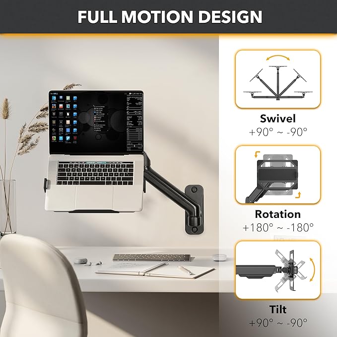 CondoMounts LTP8017 Laptop Wall Mount | Spring-Assisted Arm for 17"–32" Screens, Free-Tilting VESA Laptop Holder, Space-Saving Design, Heavy-Duty Build, Matte Black Finish, Easy DIY Installation