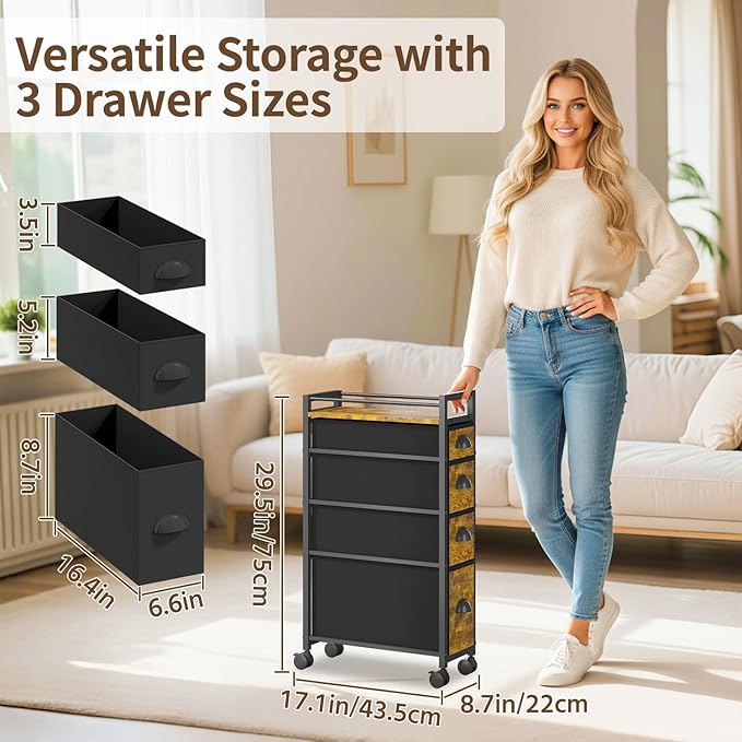 LASZOLA 4 Drawer Narrow Dresser Slim Cabinet Skinny Storage Tower Chest, Ideal for Small Spaces Bathroom Bedroom, Between Washer and Dryer, Lightweight Mobile on Wheels, Sturdy Fabric Drawers, Brown