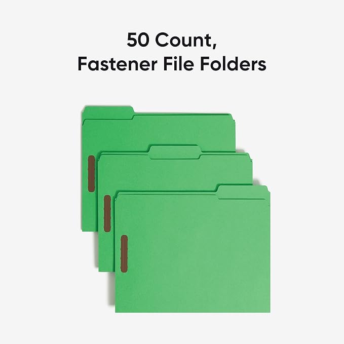Smead Fastener File Folders, Reinforced 1/3-Cut Tabs, 2 Fasteners, Letter Size, Green, 50 per Box (12140)