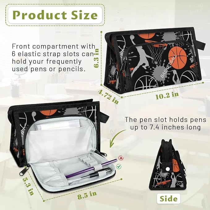 Pardick Large Capacity Pencil Case Pouch, Basketballs Portable Zipper Pencil Cases Pencil Bag Office Stationery Bag Makeup Bag Desk Organizer for Women Men