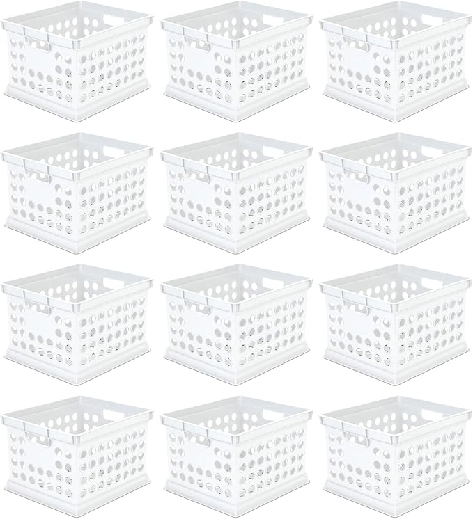 Sterilite Stackable Plastic Storage Crate Bin Organizer File Box with Handles for Home, Office, Dorm, Garage, or Utility Organization, White, 12-Pack