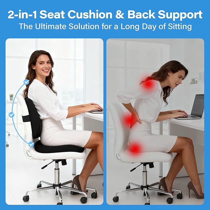 Seat Cushion Lumbar Support Pillow for Office Chair, X Large Memory Foam Chair Cushions for Sciatica Tailbone Pain Relief Coccyx Pad for Wheelchair, Car, Home, Office, Desk