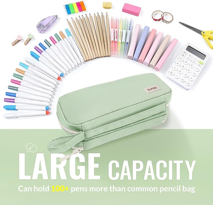 SUNEE Pencil Case, Large Capacity Pencil Pouch, Aesthetic Pen Bag Office Stationery Organizer Simple Sturdy Multifunctional for Teen Girls Women Men, Green
