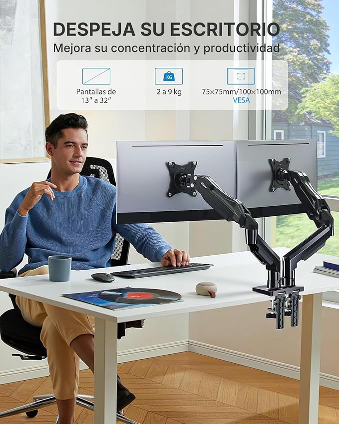 HUANUO Dual Monitor Stand, Fully Adjustable Monitor Desk Mount for 13–32″ Computer Screens, Full Motion VESA 75x75/100x100 with C-Clamp & Grommet Base, Each Arm Holds 4.4 to 19.8 lbs
