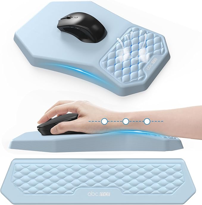 Ergonomic Mouse Pad and Keyboard Wrist Rest Support Set, Massage Design Mousepad for Carpal Tunnel Pain Relief, Memory Foam, Non-Slip PU Base for Computer Desk, Baby Blue