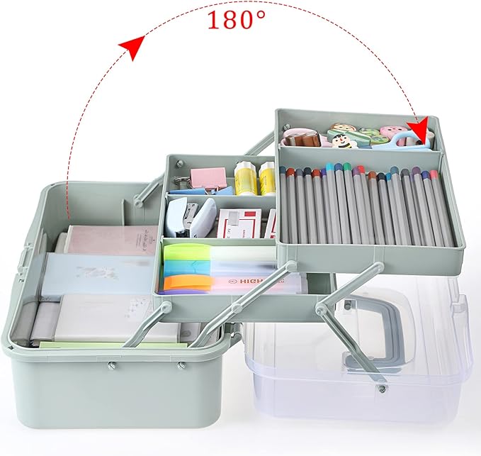 BTSKY 3-Layer Plastic Dividing Storage Box Craft Organizer and Storage with Adjustable Spacers Portable Handled Art Supply Organizer Multipurpose Home Utility Box for Medicine Sewing(Haze Green)