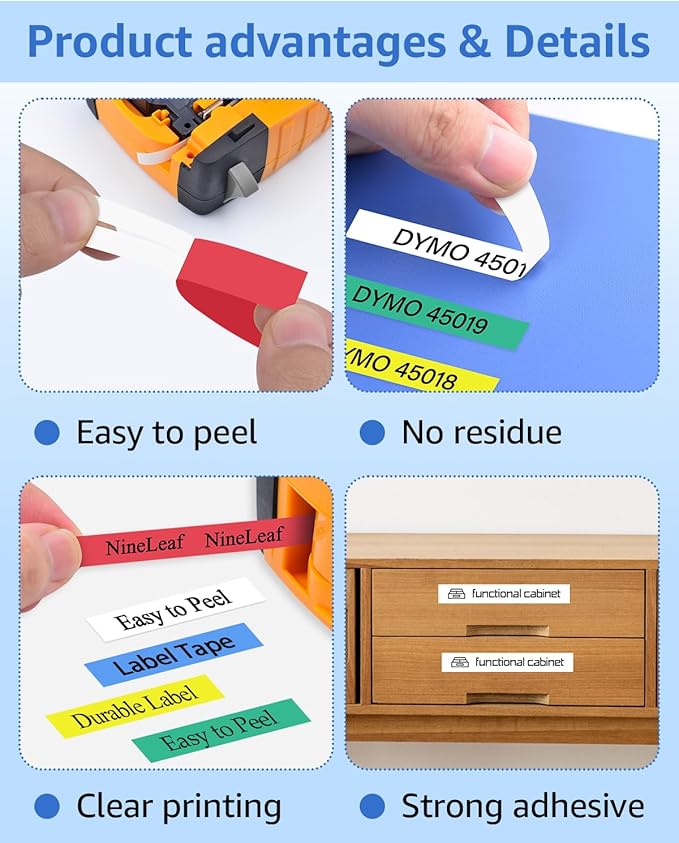 NineLeaf 6 Pack Compatible Label Tape Replacement for Dymo D1 Label Tape 12mm 45013 45010 45016 45017 45018 45019, 1/2 Inch D1 Label Cassette Use for Dymo LabelManager 160 280 360D 210D 450 COLORPOP