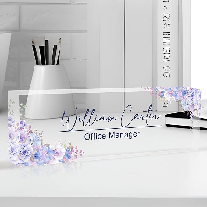 Personalized Name Plate for Desk Custom Acrylic Desk Name Plate Custom Employee Appreciation Gifts Office Gifts for Women, Men, Boss, Coworkers, Teacher, Nurse (Purple Flower)