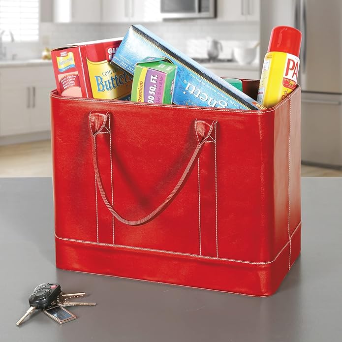HOME DISTRICT Chic File Organizer Tote - Important Document Organizer Bag, Portable File Box with Handle, Red