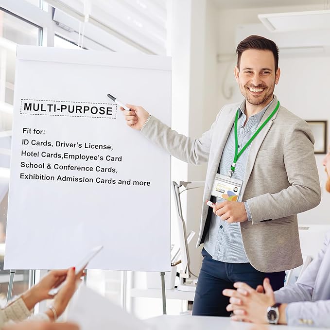 100Pcs Lanyards for ID Badges and 100 Pcs Clear Plastic Horizontal Name Badge ID Card Holders, Flat Neck Lanyards with Clip Waterproof Resealable Name Tag Badge ID Card Holders (Green)