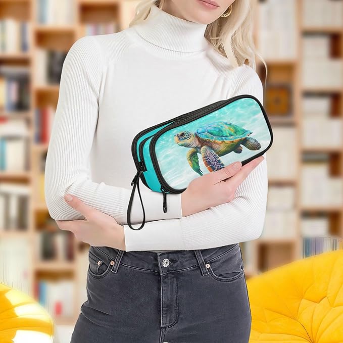 Sea Turtle Teal Pencil Case Box Boys Girls Large Pencil Pouch with Zipper Compartments Big Capacity Stationery Pen Bag Organizer for Kids Teens Adults School Office