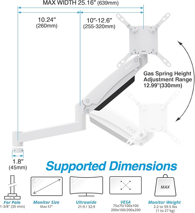 AVLT 57 Inch Heavy Duty Pole Top Mount Monitor Arm Series – Dual & Single Add-On Kits, Height Adjustable, VESA Compatible (White, Add-On Monitor Arm)