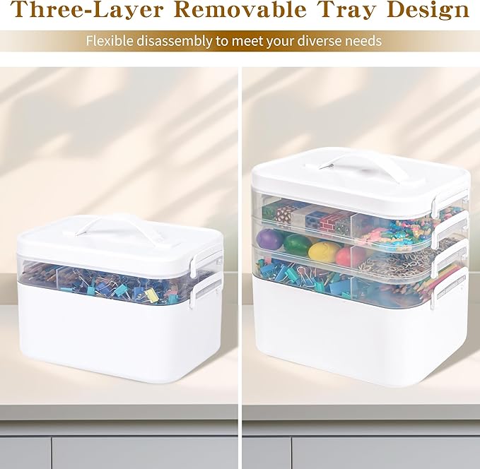 3-Tier Art Supply Storage Container, Stackable Craft Organizer Box with Dividers, Clear Plastic Storage Case for Markers, Toys, Coloring Books (Four-Layer)
