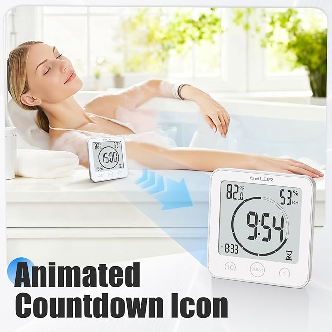 Baldr Shower Clock Waterproof Bathroom Clock with Timer/Temperature/Humidity, Digital Timers for Kids and Adults, Bath Kitchen Study, White