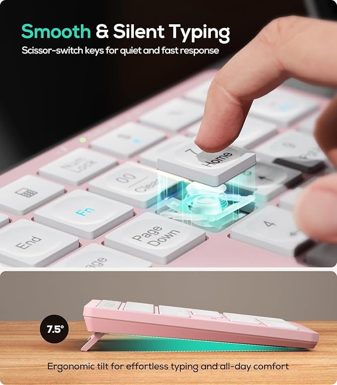 Nulea Wireless Number Pad Bluetooth 5.0 & 2.4G Portable Numeric Keyboard, USB-C Rechargeable, 34-Keys Bluetooth Keyboard for Data Entry (Pink)