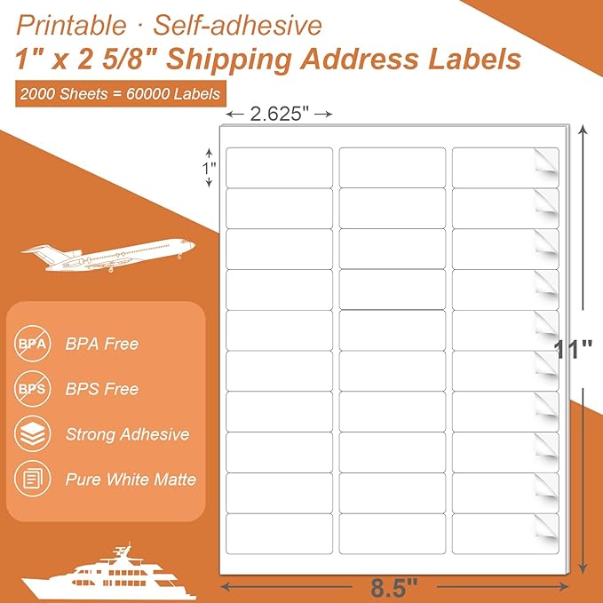 PAPRMA 1" x2-5/8 Address Label for Laser Inkjet Printer 2000 Sheets, Printable Shipping Label 30 per Sheet, 5160 8160 White Mailing Labels for Package Envelope