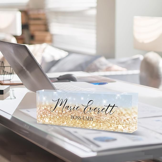 Custom Name Plate for Desk | Personalized Boss Employee Appreciation Gifts | Acrylic Office Accessories (A-Blue Gold Crystal)
