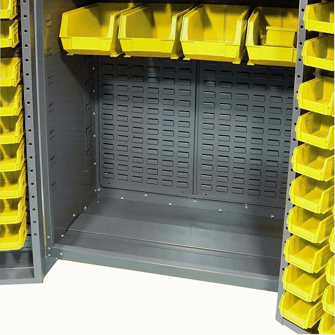 Global Industrial Deep Door Bin Cabinet, Includes 156 Yellow Plastic Bins, Padlockable Steel Cabinet, 38" W x 24" D x 72" H, for Tool and Parts Storage, Ships Assembled