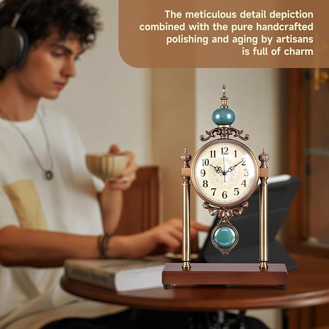 Vintage Table Clock with Turquoise Accents, Silent Non-Ticking, Wood Base and Metal Frame, Decorative Antique Design