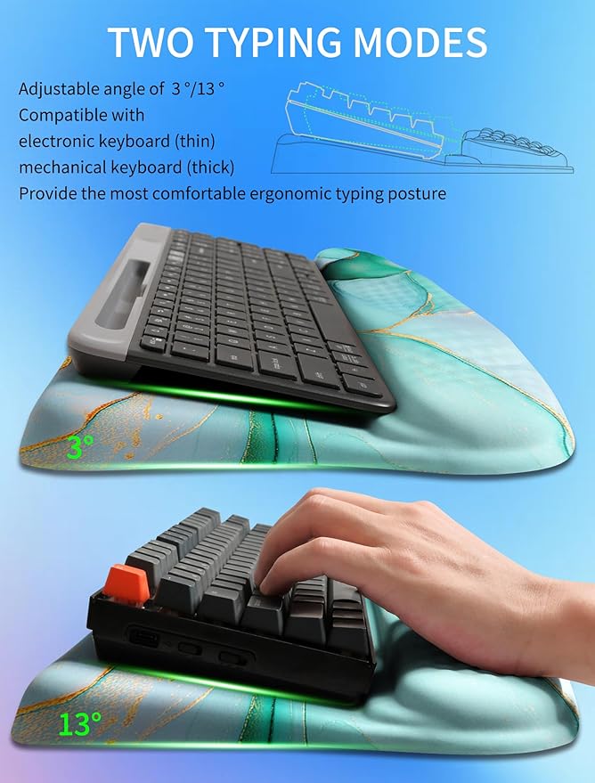 Ergonomic Wave Wrist Rest with Keyboard Stand, Cushioned Palm Rest, Comfortable Integrated Memory Foam for Natural Typing and Relieve Wrist Pain, Green Gold Marble