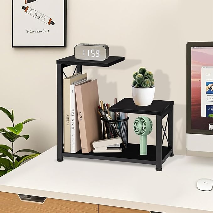 Desk Shelf Organizer, 3 Tier Storage Shelf Riser Display Stand, Wood Desktop Organizer Small Bookshelf, Desktop Shelf for Office Decor and Desk Accessories,Rustic Brown Black