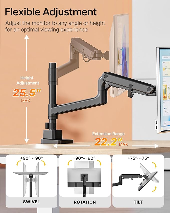 monTEK 17-57 Inch Ultrawide Monitor Arm for Up to 59.4lbs Screens, Aluminum Heavy-Duty Gas Spring Single Curved Screen Adjustable Monitor Stand,75/100mm Vesa Mount, Black
