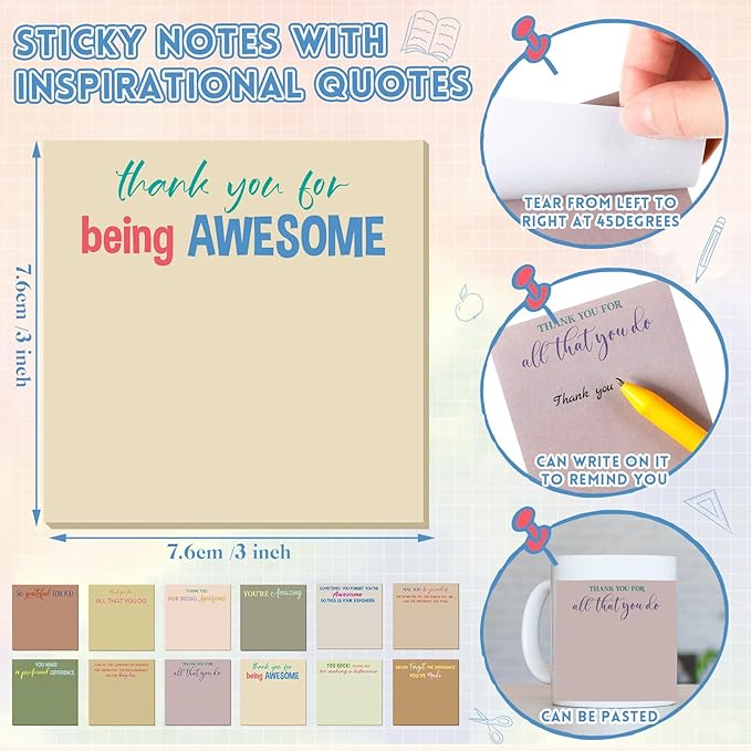 Yinder 24 Pcs Employee Appreciation Sticky Notes New Year Gift Bulk Motivation Sticky Note Pads Inspirational Gift for Teacher Nurse Staff Coworker Office Supply 3 x 3'' (Appreciation,Boho)