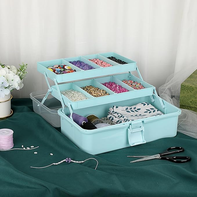 BTSKY 3-Layer Plastic Dividing Storage Box Craft Organizer and Storage with Adjustable Spacers Portable Handled Art Supply Organizer Multipurpose Home Utility Box for Medicine, Sewing(Blue)