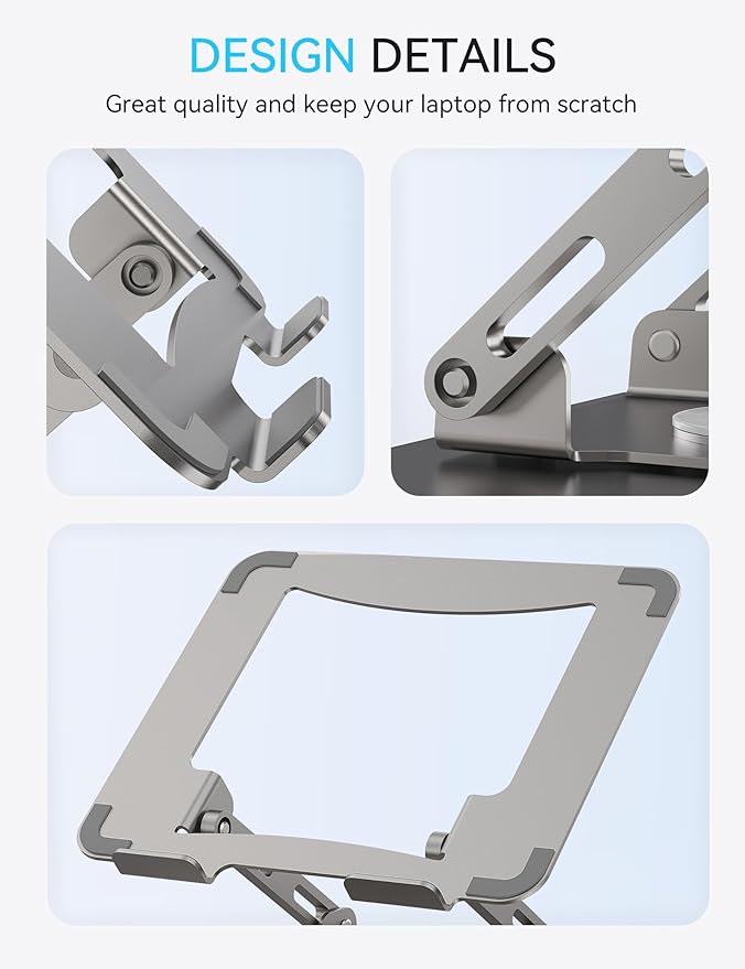 SOUNDANCE Laptop Stand with 360° Rotating Base, Ergonomic Computer Riser for Desk, Adjutable Height Muti-Angle, Foldable Laptop Mount, Stable Metal Holder Support 10-15.6" Notebook PC, Silver Grey
