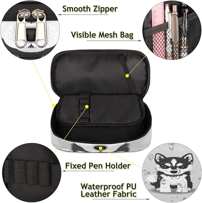 Pardick Husky Dog Big Capacity Pencil Pen Case Cute Dog Large Pencil Pouch with Zipper Compartments Pencil Bag for Boys Girls Adults Student Office School Supplies