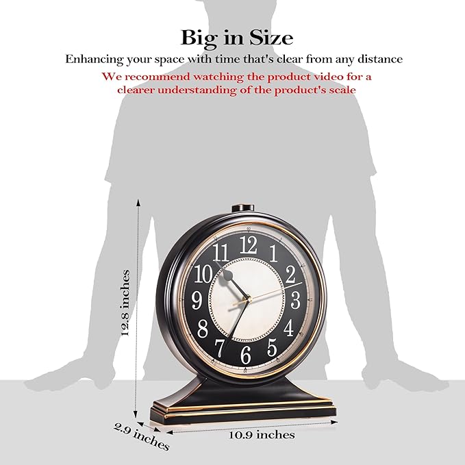 AYRELY® Vintage Desk Clock Silent-Non-Ticking 10-inch dial Table Clock,Retro Mantel Clocks and Easy to Read for Living Room, Bedroom, Shelf Decoration, Fireplace, Farmhouse Decor (Black)